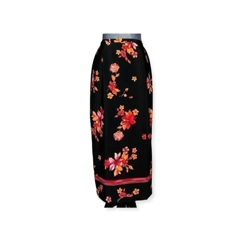 Joan Leslie black floral print midi skirt size 10P women 10 petite - Picture 1 of 4